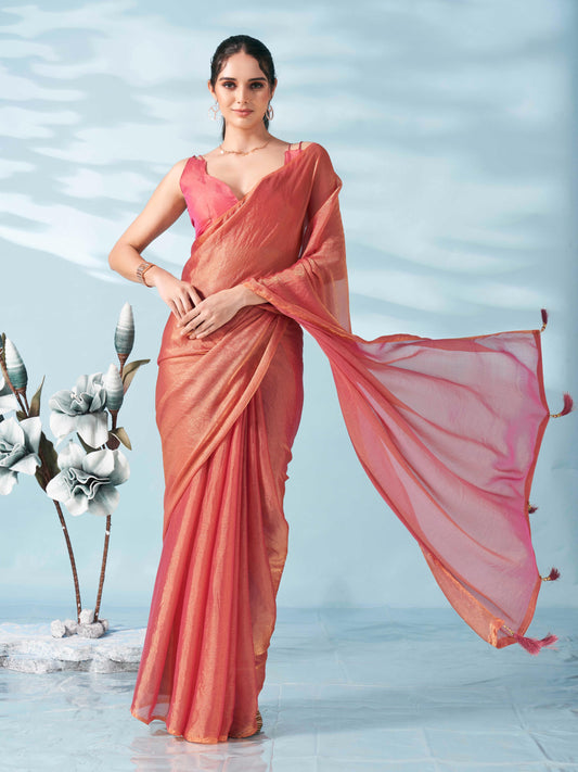 Dhiyona TI Women's Two Tone Pink Colored Satin Chiffon Saree With Unstitched Blouse