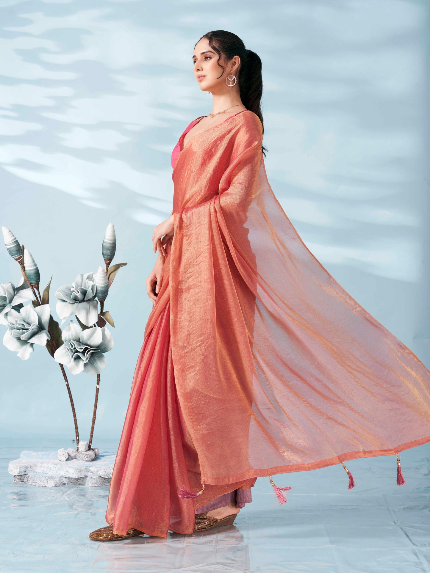 Dhiyona TI Women's Two Tone Pink Colored Satin Chiffon Saree With Unstitched Blouse