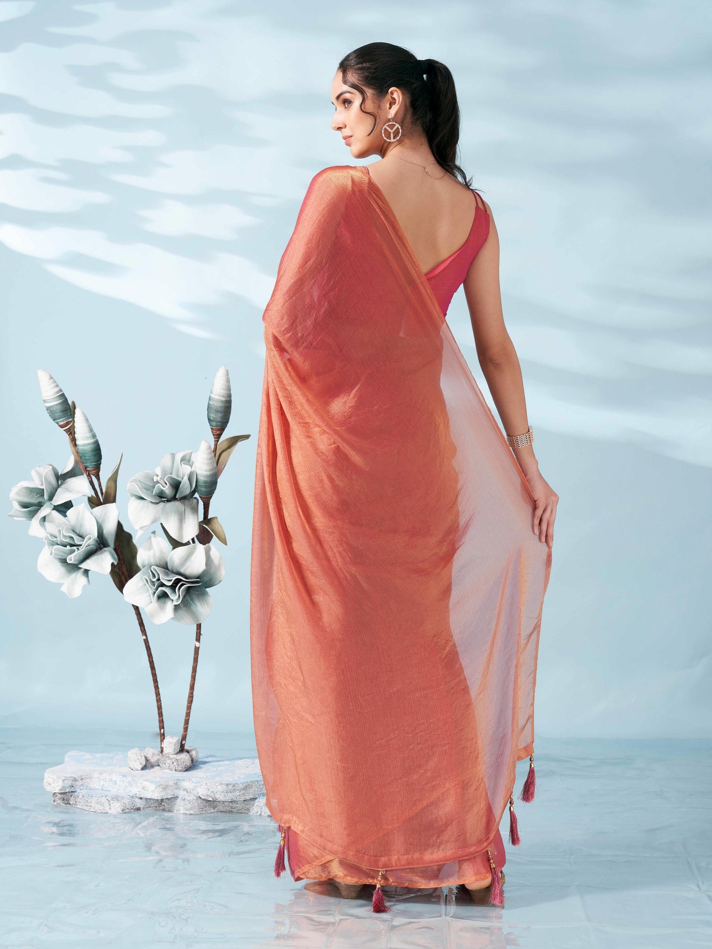 Dhiyona TI Women's Two Tone Pink Colored Satin Chiffon Saree With Unstitched Blouse
