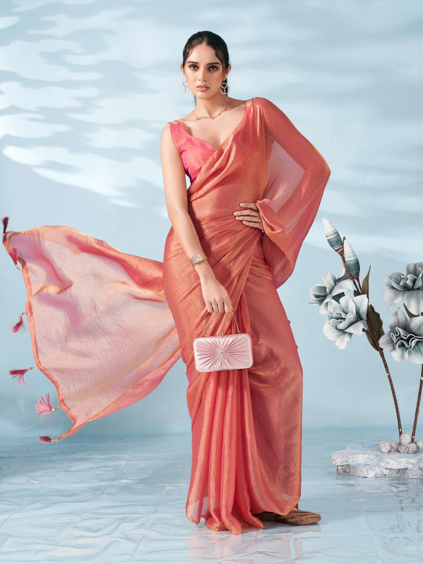 Dhiyona TI Women's Two Tone Pink Colored Satin Chiffon Saree With Unstitched Blouse