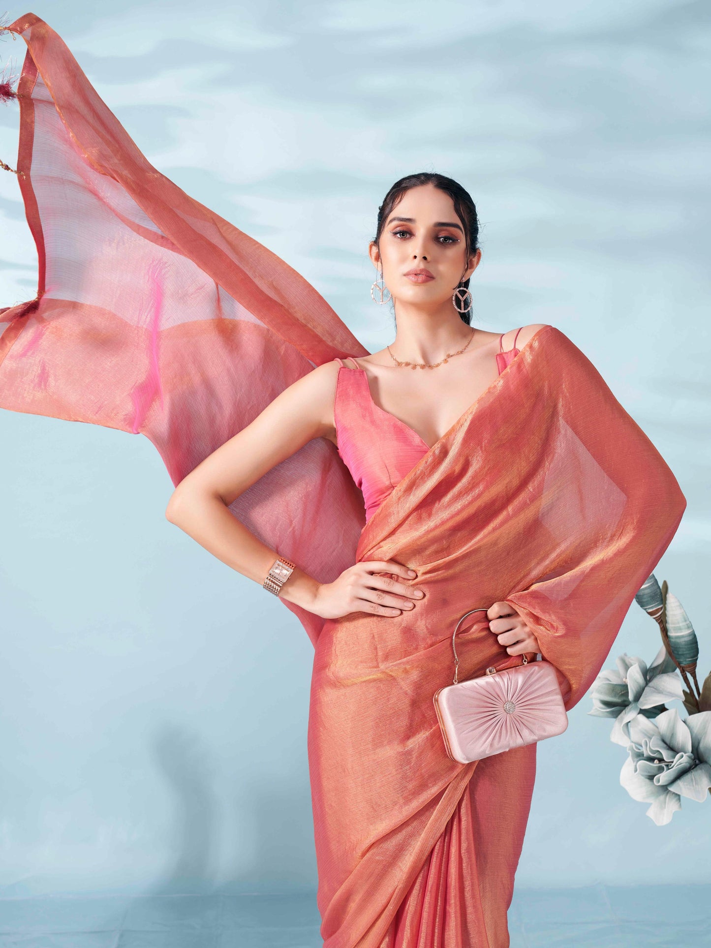 Dhiyona TI Women's Two Tone Pink Colored Satin Chiffon Saree With Unstitched Blouse