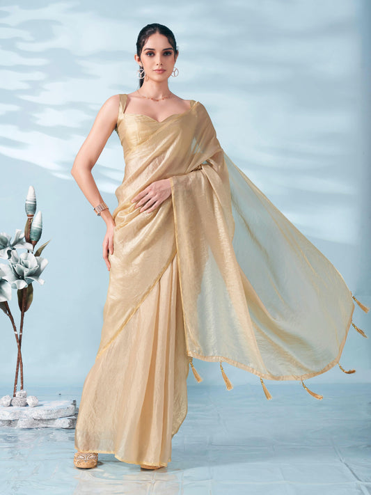 Dhiyona TI Women's Beige Colored Satin Saree With Unstitched Blouse