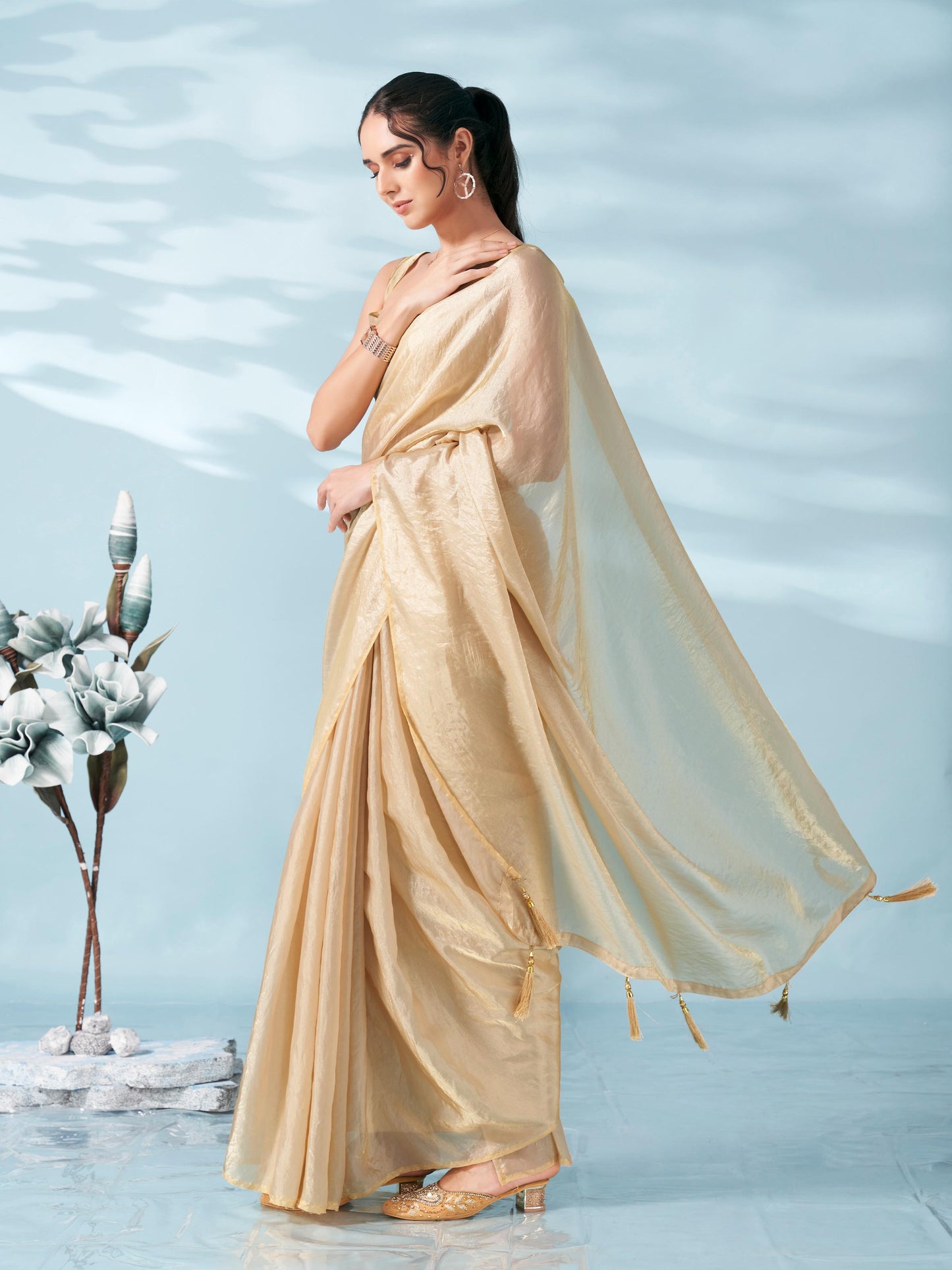 Dhiyona TI Women's Beige Colored Satin Saree With Unstitched Blouse