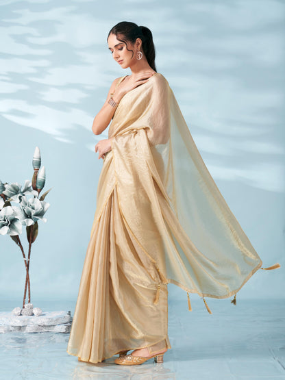Dhiyona TI Women's Beige Colored Satin Saree With Unstitched Blouse