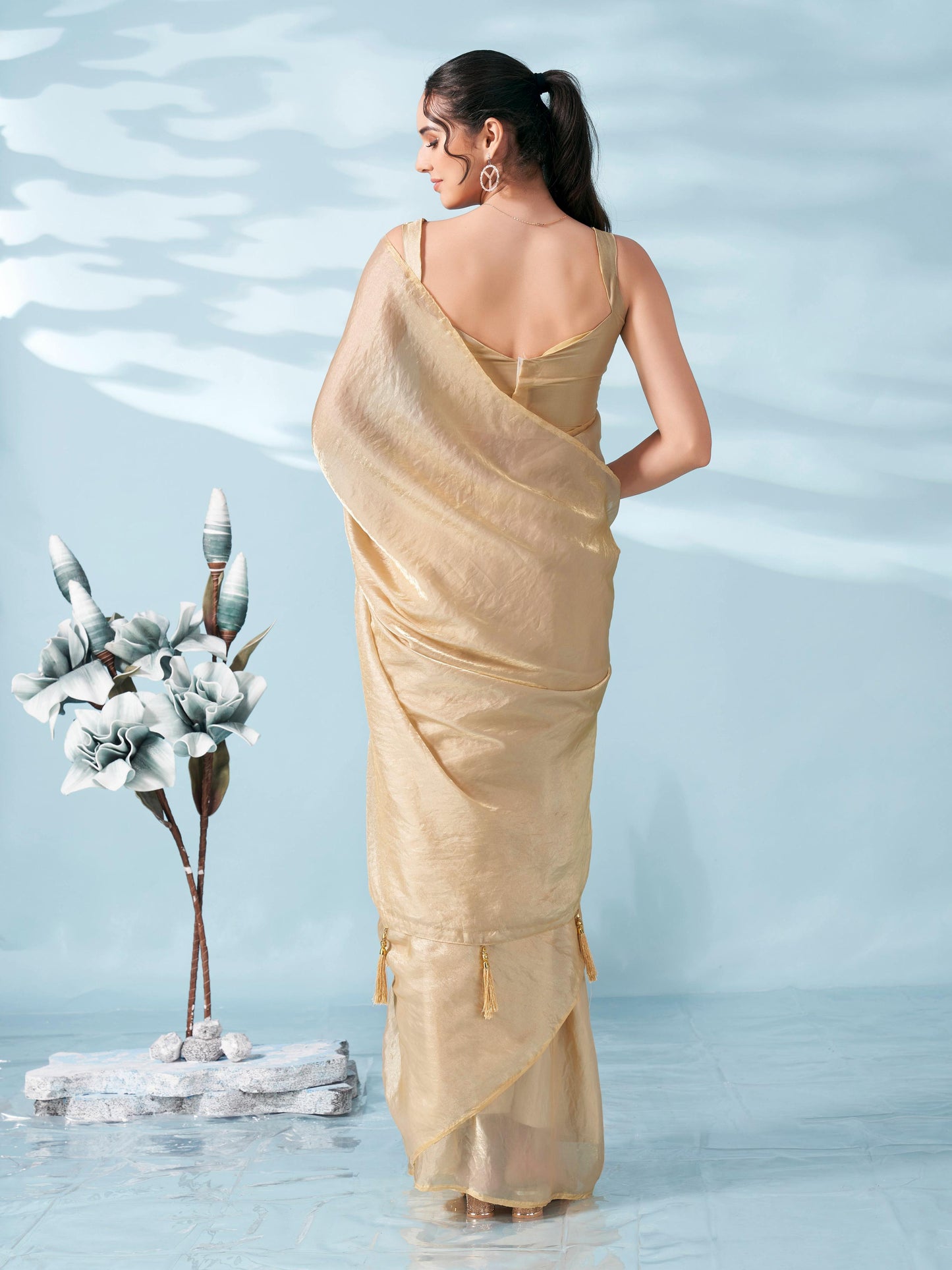Dhiyona TI Women's Beige Colored Satin Saree With Unstitched Blouse
