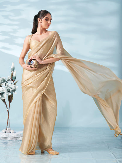 Dhiyona TI Women's Beige Colored Satin Saree With Unstitched Blouse
