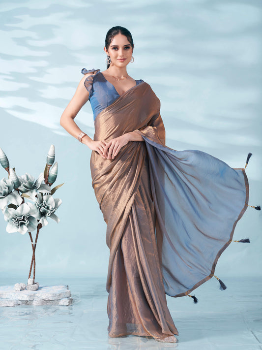 Dhiyona TI Women's Two Tone Bronze And Blue Colored Satin Saree With Unstitched Blouse