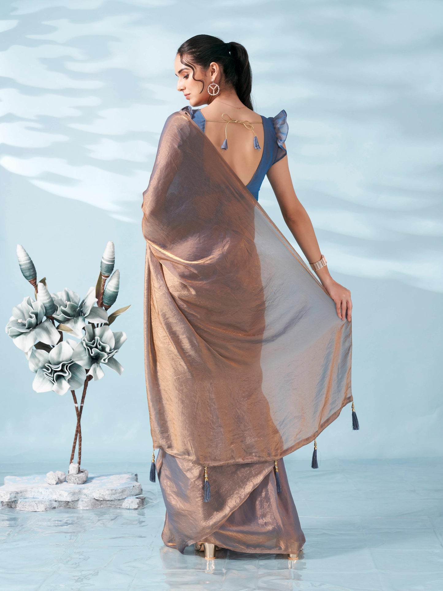 Dhiyona TI Women's Two Tone Bronze And Blue Colored Satin Saree With Unstitched Blouse