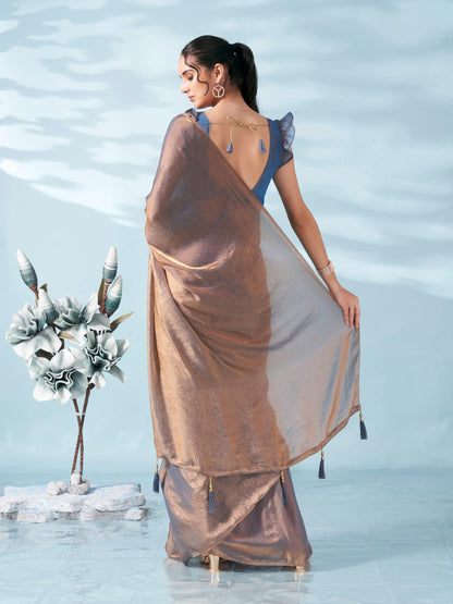 Dhiyona TI Women's Two Tone Bronze And Blue Colored Satin Saree With Unstitched Blouse