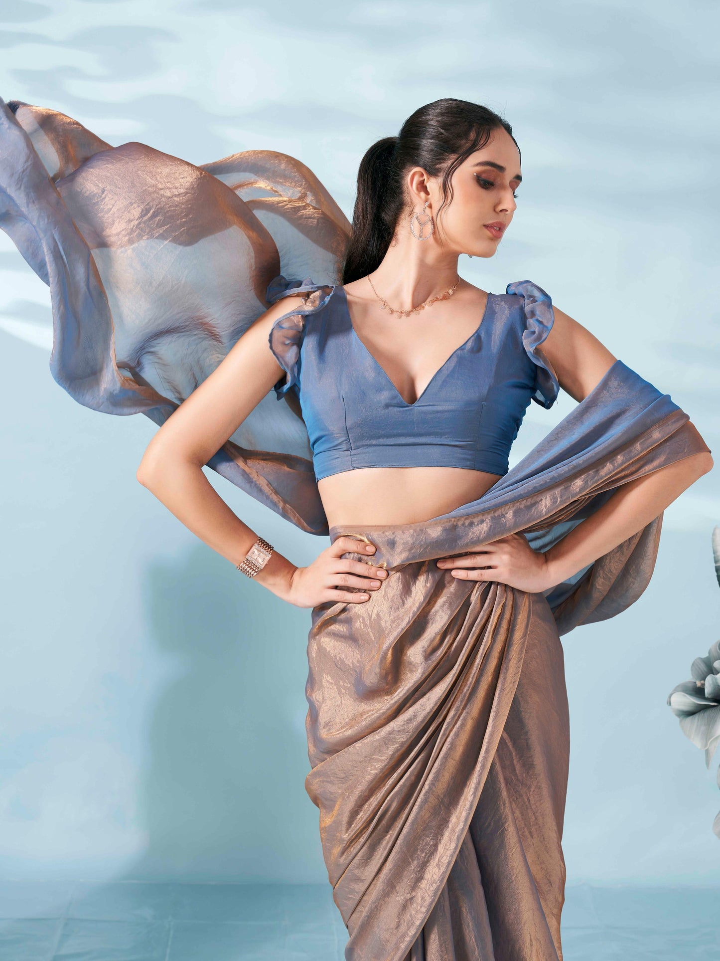 Dhiyona TI Women's Two Tone Bronze And Blue Colored Satin Saree With Unstitched Blouse