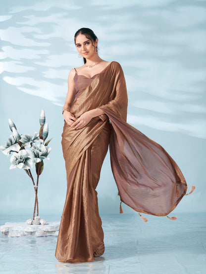 Dhiyona TI Women's Two Tone Camel Brown Colored Satin Saree With Unstitched Blouse