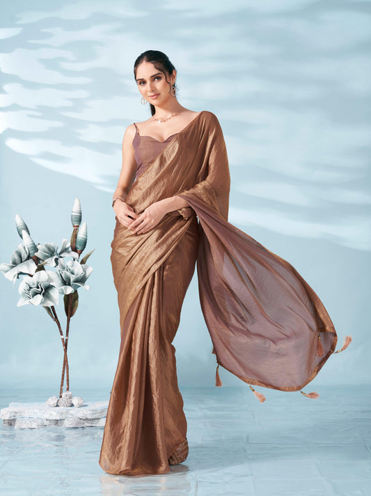Dhiyona TI Women's Two Tone Camel Brown Colored Satin Saree With Unstitched Blouse