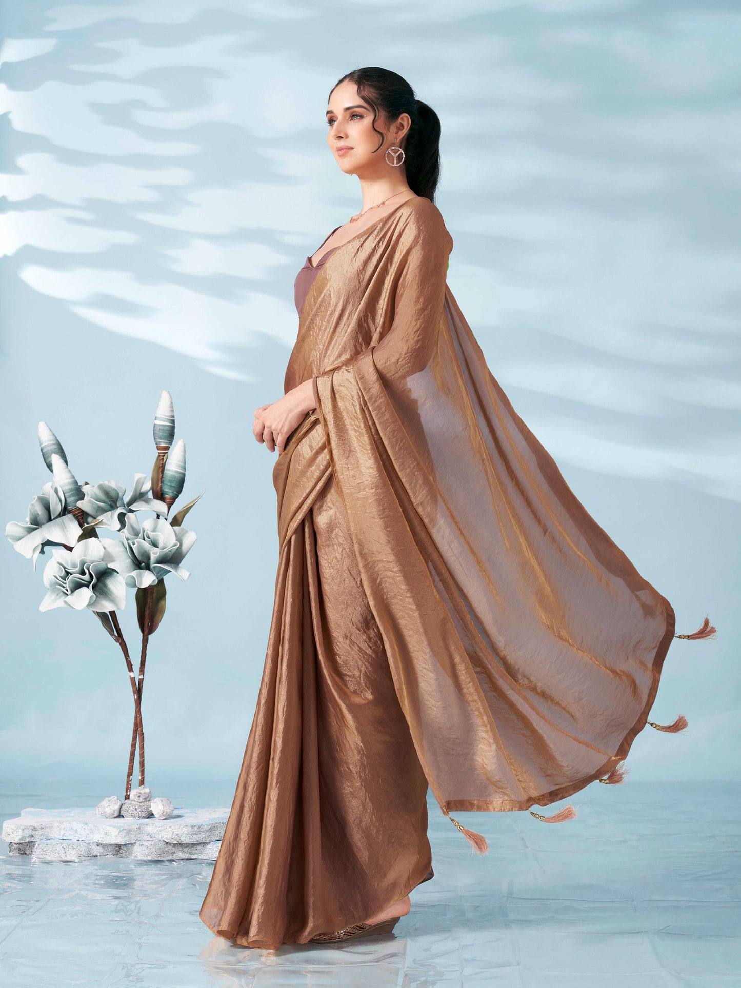 Dhiyona TI Women's Two Tone Camel Brown Colored Satin Saree With Unstitched Blouse