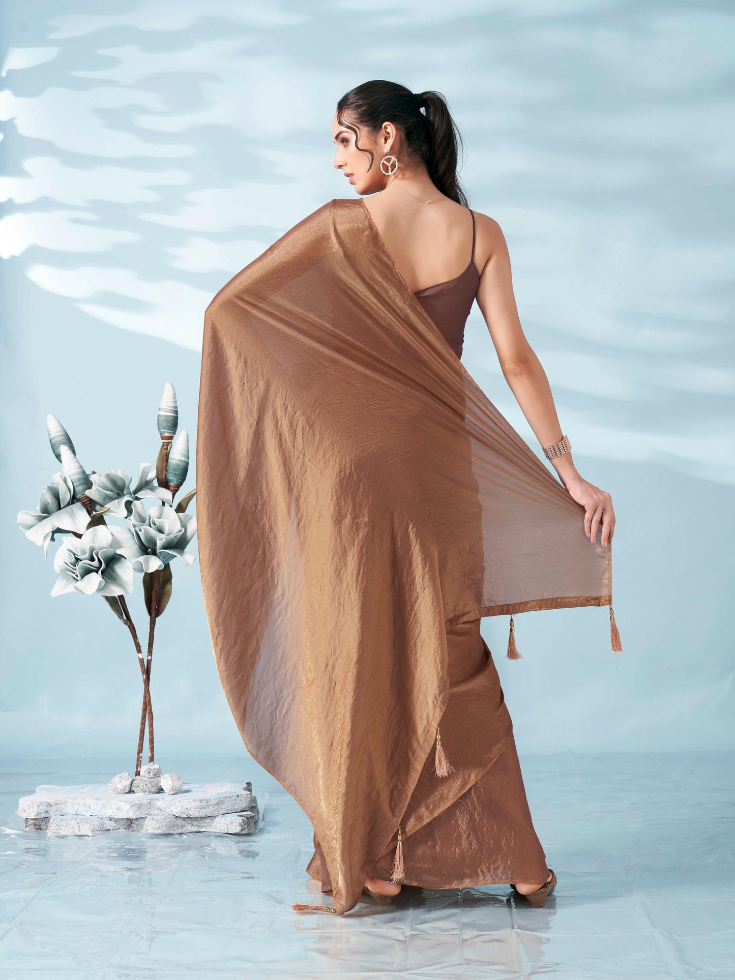 Dhiyona TI Women's Two Tone Camel Brown Colored Satin Saree With Unstitched Blouse