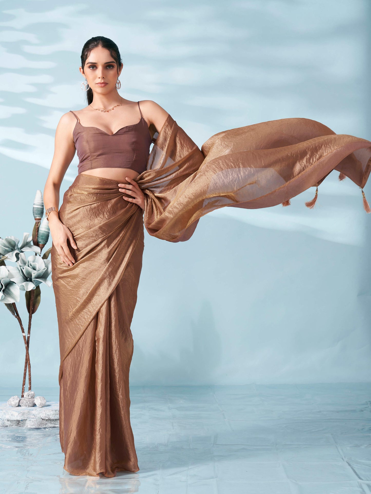 Dhiyona TI Women's Two Tone Camel Brown Colored Satin Saree With Unstitched Blouse