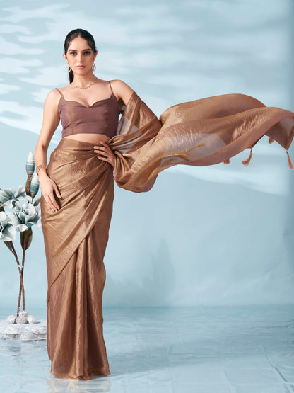 Dhiyona TI Women's Two Tone Camel Brown Colored Satin Saree With Unstitched Blouse