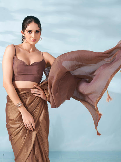 Dhiyona TI Women's Two Tone Camel Brown Colored Satin Saree With Unstitched Blouse