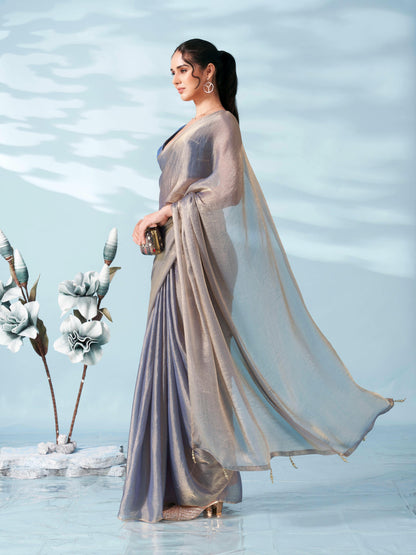 Dhiyona TI Women's Blue And Copper Colored Two Tone Chiffon Saree With Unstitched Blouse