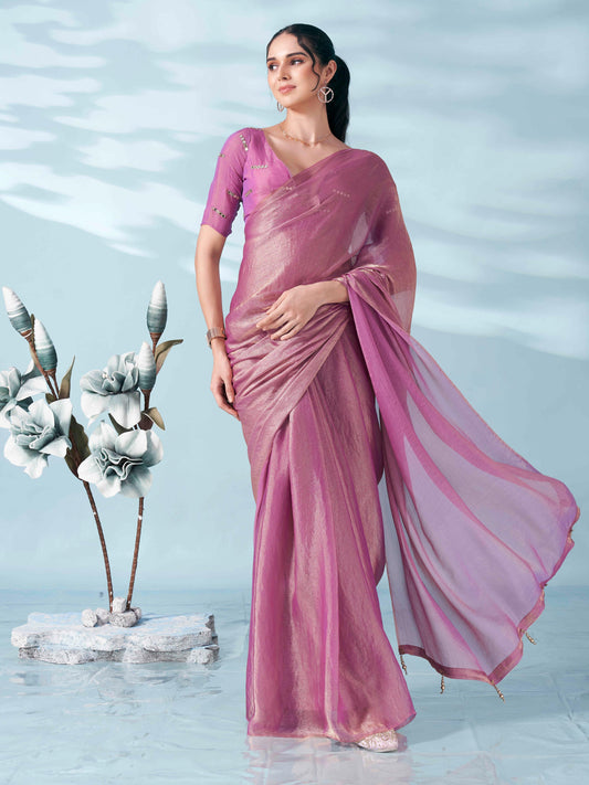 Dhiyona TI Women's Pink And Gold Colored Two Tone Chiffon Saree With Unstitched Blouse