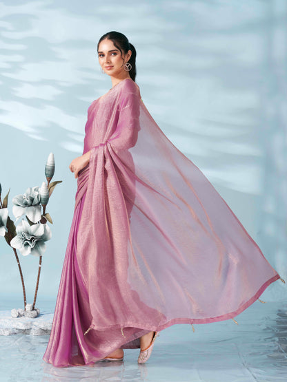 Dhiyona TI Women's Pink And Gold Colored Two Tone Chiffon Saree With Unstitched Blouse
