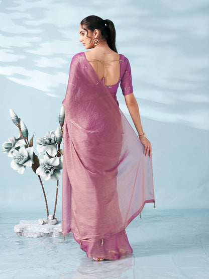 Dhiyona TI Women's Pink And Gold Colored Two Tone Chiffon Saree With Unstitched Blouse