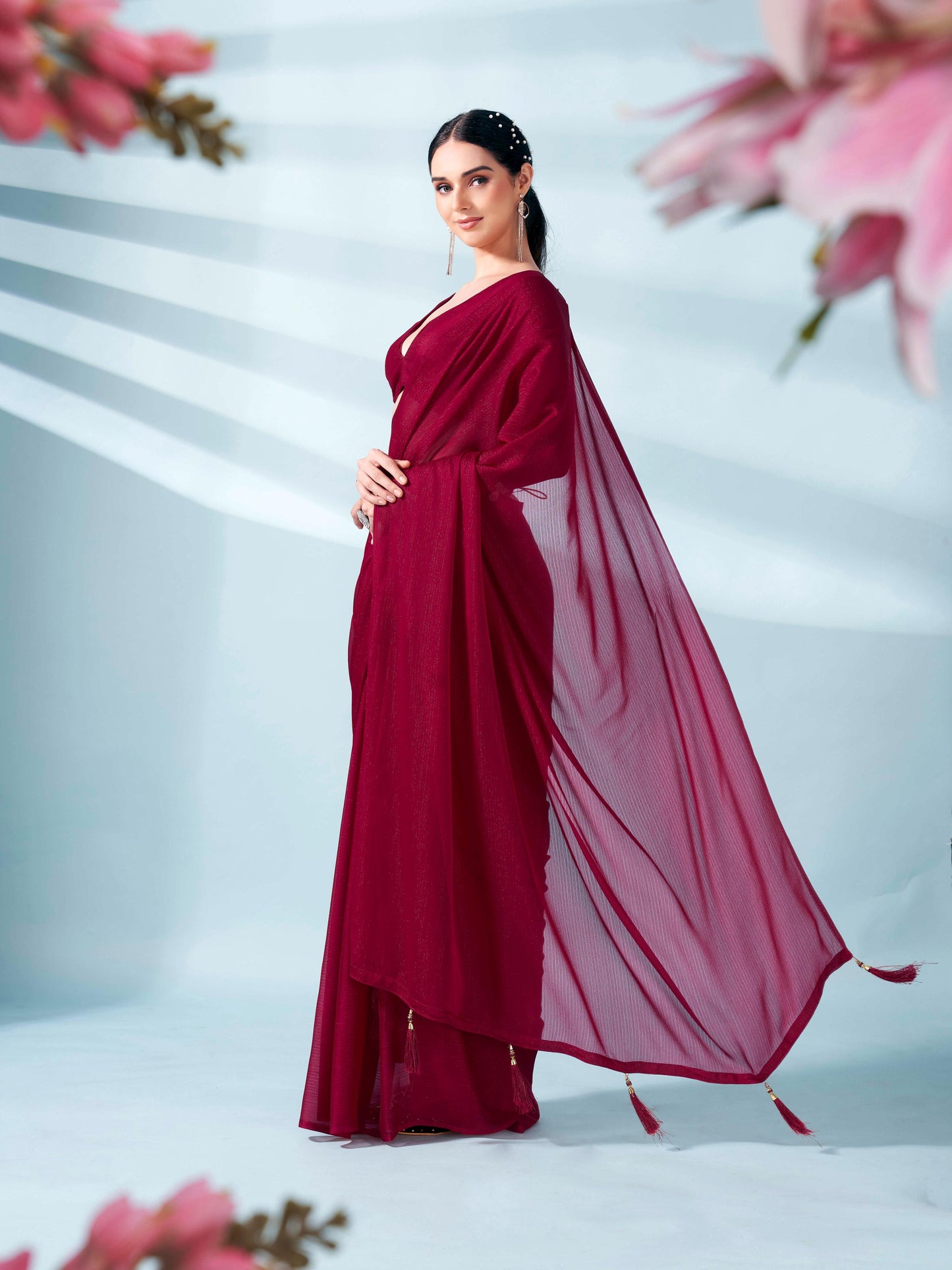 Dhiyona TI Women's Maroon Zari Weaving Satin Saree With Unstitched Blouse