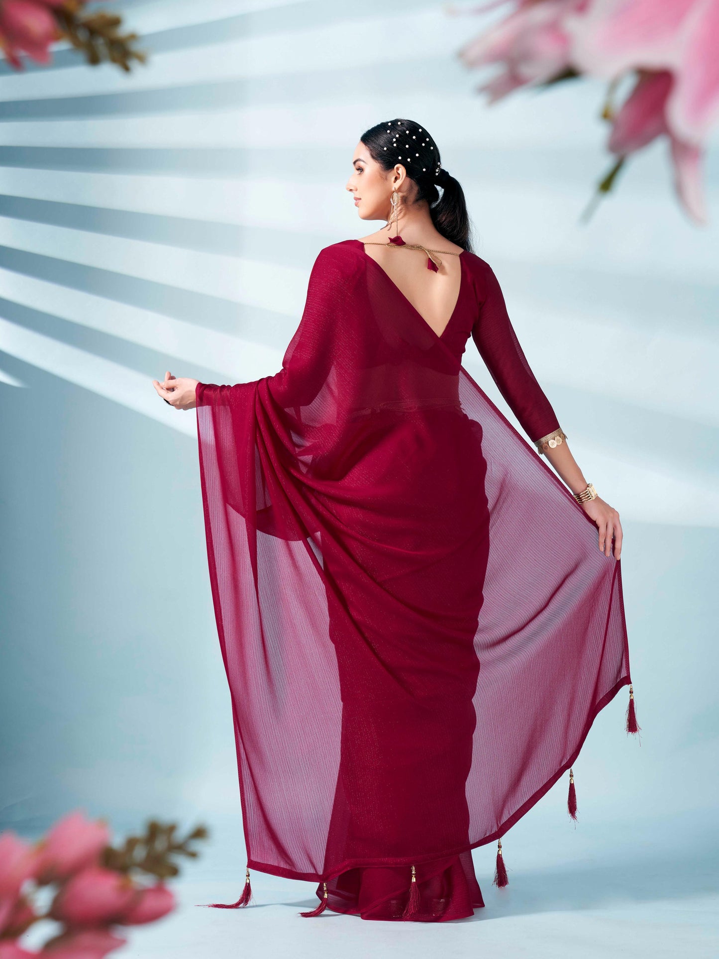 Dhiyona TI Women's Maroon Zari Weaving Satin Saree With Unstitched Blouse