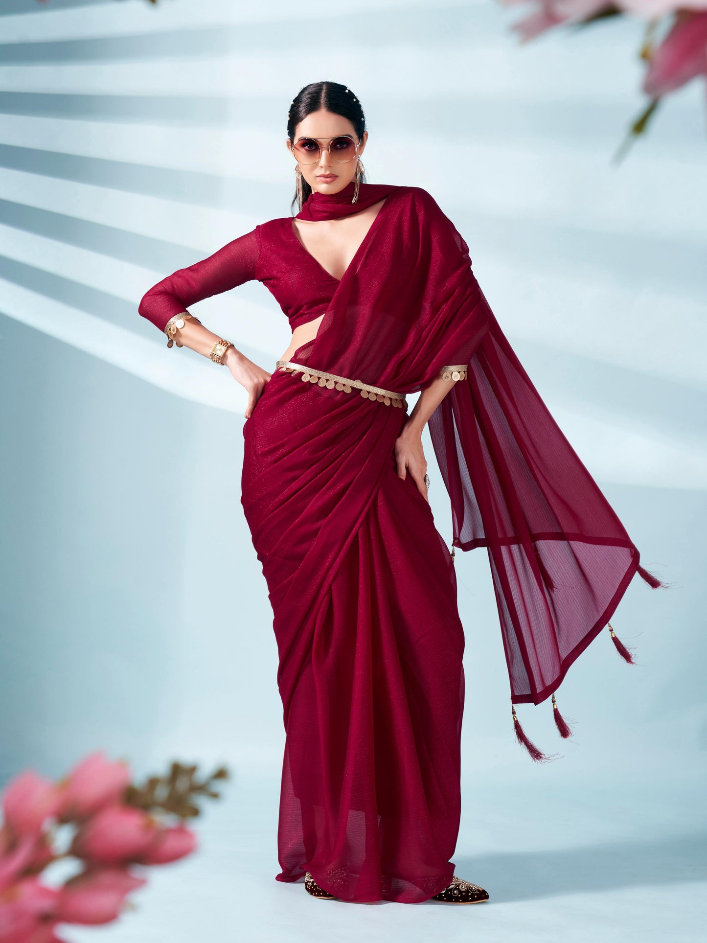 Dhiyona TI Women's Maroon Zari Weaving Satin Saree With Unstitched Blouse