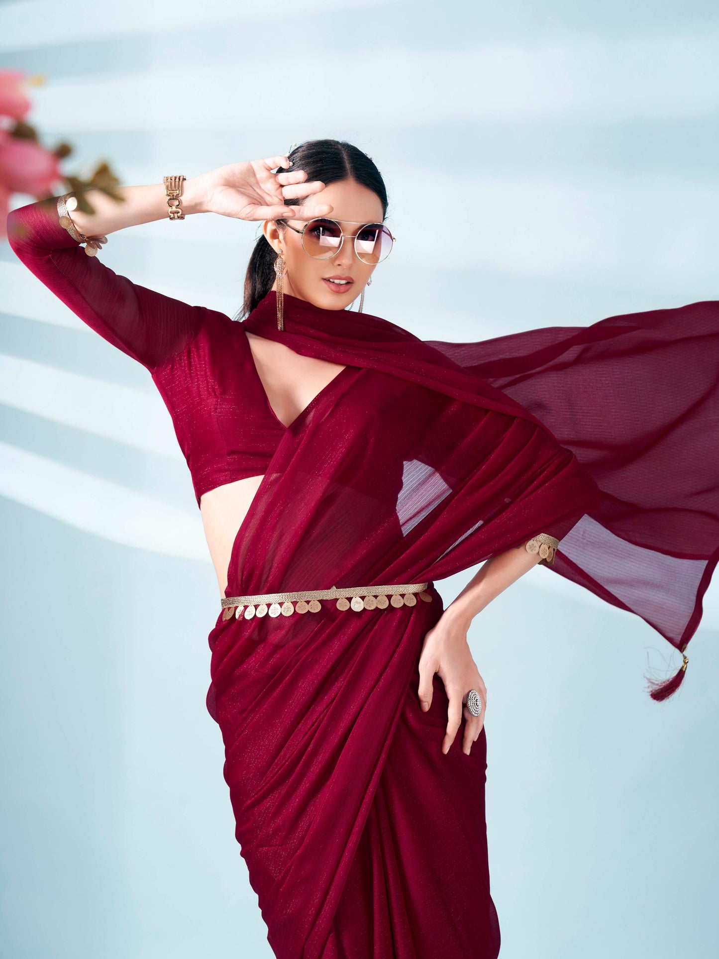 Dhiyona TI Women's Maroon Zari Weaving Satin Saree With Unstitched Blouse