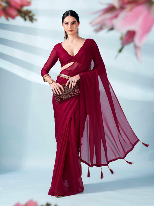 Dhiyona TI Women's Maroon Zari Weaving Satin Saree With Unstitched Blouse