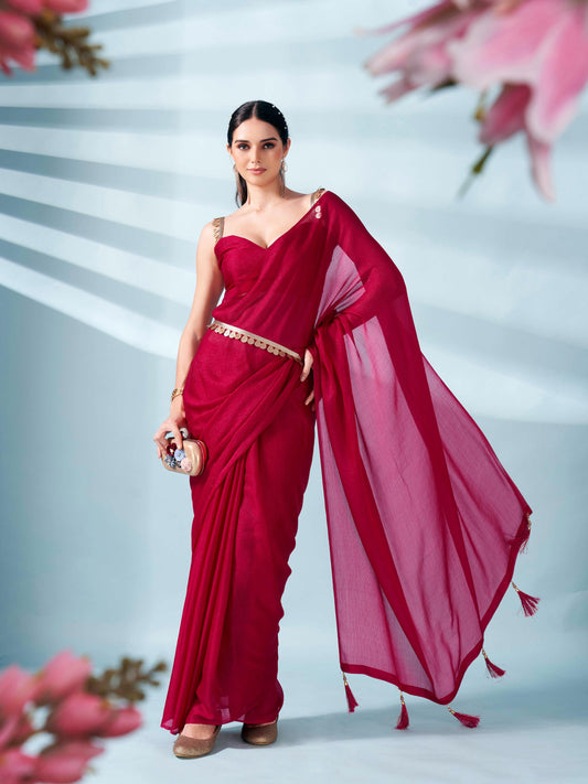 Dhiyona TI Women's Pink Zari Weaving Satin Saree With Unstitched Blouse