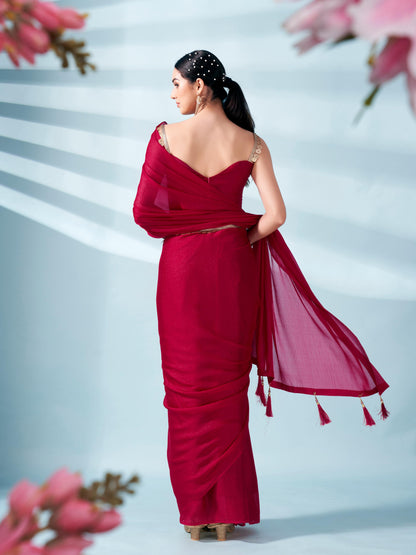 Dhiyona TI Women's Pink Zari Weaving Satin Saree With Unstitched Blouse
