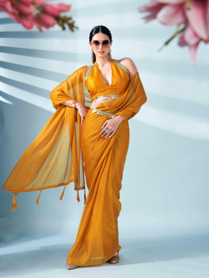 Dhiyona TI Women's Mustard Colored Zari Weaving Satin Saree With Unstitched Blouse
