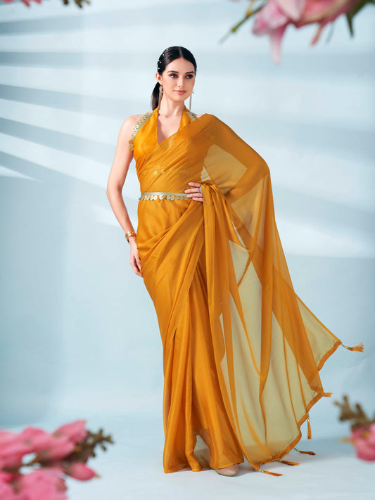 Dhiyona TI Women's Mustard Colored Zari Weaving Satin Saree With Unstitched Blouse