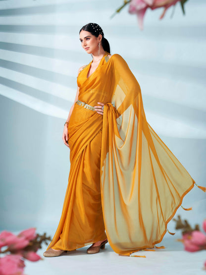 Dhiyona TI Women's Mustard Colored Zari Weaving Satin Saree With Unstitched Blouse