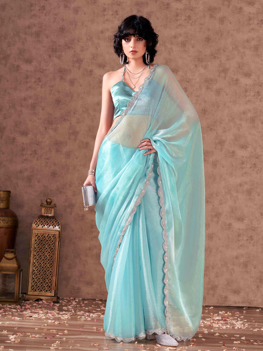 Dhiyona TI Women's Blue Colored Shimmer Chiffon Embellished Lace Saree with Unstitched Blouse