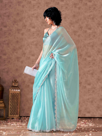 Dhiyona TI Women's Blue Colored Shimmer Chiffon Embellished Lace Saree with Unstitched Blouse