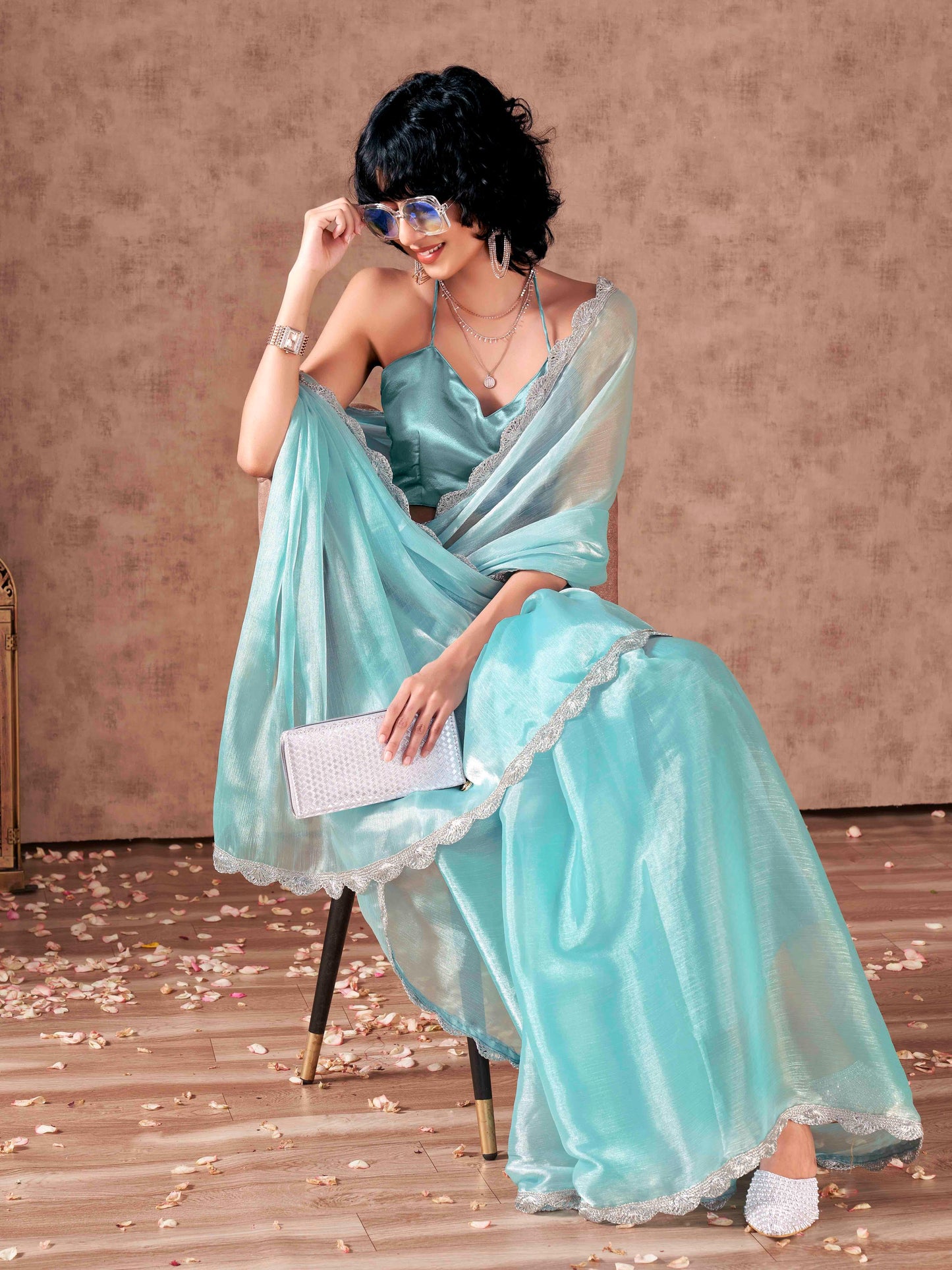 Dhiyona TI Women's Blue Colored Shimmer Chiffon Embellished Lace Saree with Unstitched Blouse