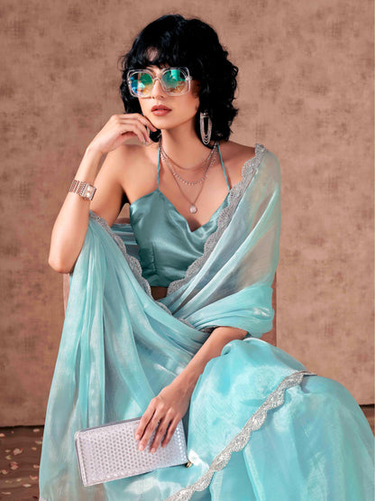 Dhiyona TI Women's Blue Colored Shimmer Chiffon Embellished Lace Saree with Unstitched Blouse