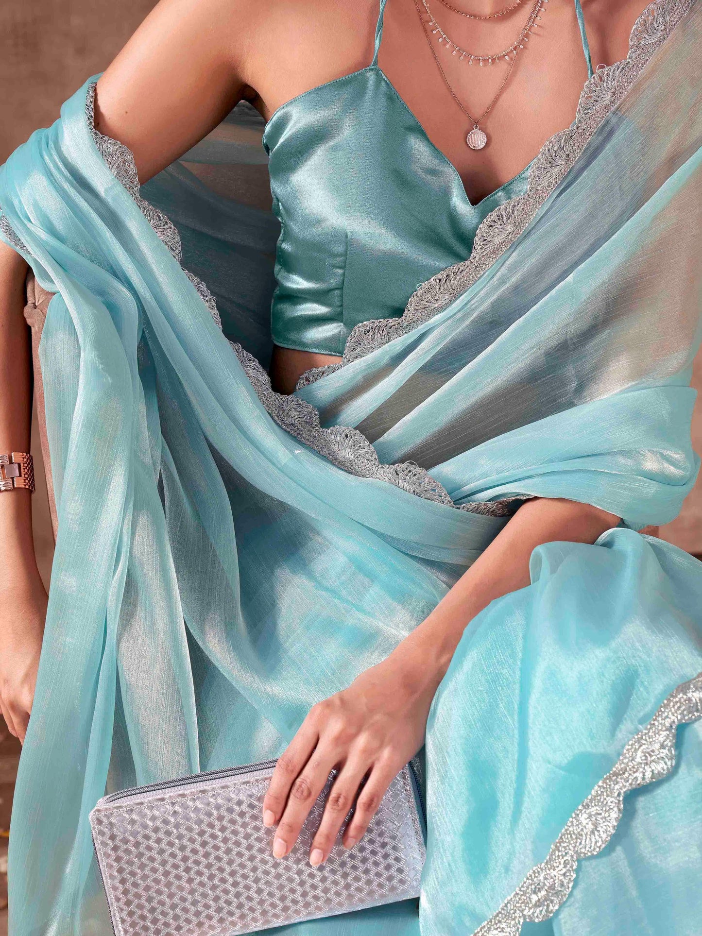 Dhiyona TI Women's Blue Colored Shimmer Chiffon Embellished Lace Saree with Unstitched Blouse