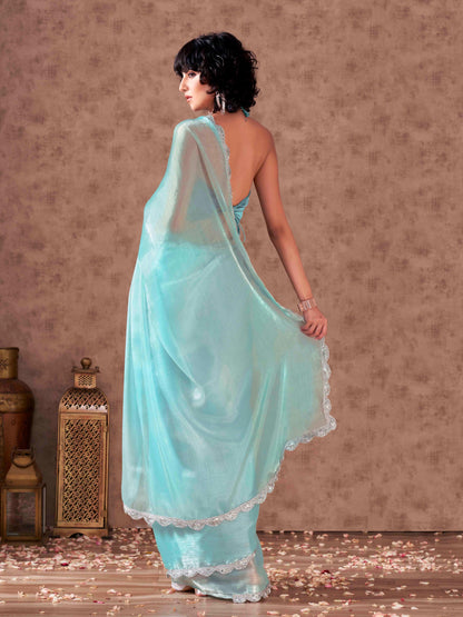 Dhiyona TI Women's Blue Colored Shimmer Chiffon Embellished Lace Saree with Unstitched Blouse