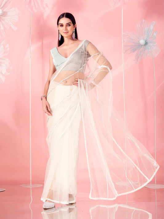 Dhiyona TI Women's Off White Coloured Designer Net Saree with Unstitched Blouse