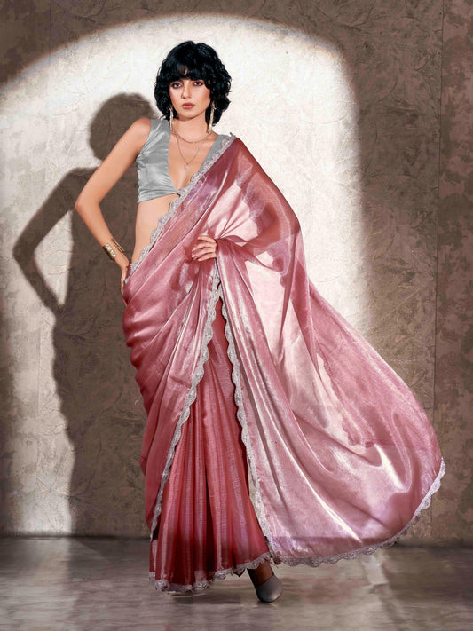 Dhiyona TI Women's Pink Colored Shimmer Chiffon Embellished Border Saree with Unstitched Blouse