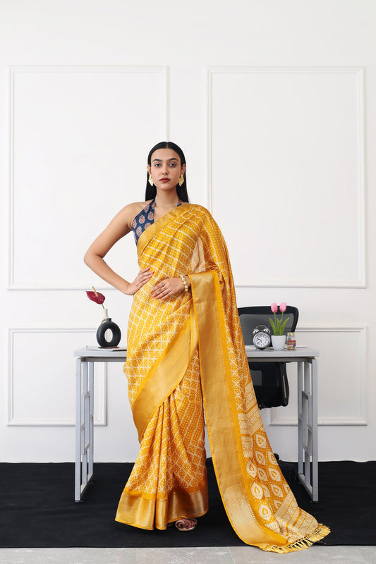 Dhiyona TI Women's Ready To Wear Mustard Printed Saree with Unstitched Blouse