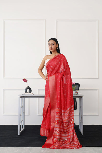 Dhiyona TI Women's Ready To Wear Red Printed Saree with Unstitched Blouse