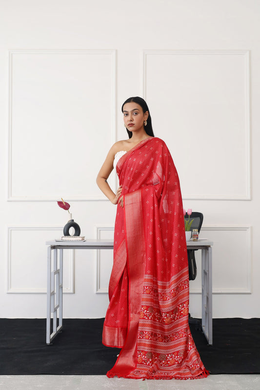 Dhiyona TI Women's Ready To Wear Red Printed Saree with Unstitched Blouse