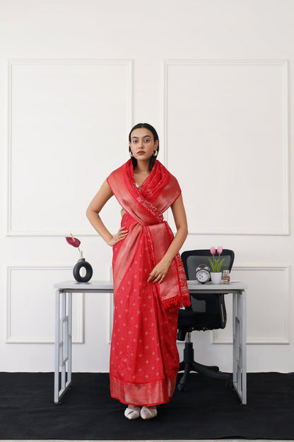 Dhiyona TI Women's Ready To Wear Red Printed Saree with Unstitched Blouse