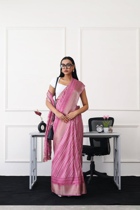 Dhiyona TI Women's Ready To Wear Pink Printed Saree with Unstitched Blouse