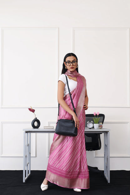 Dhiyona TI Women's Ready To Wear Pink Printed Saree with Unstitched Blouse
