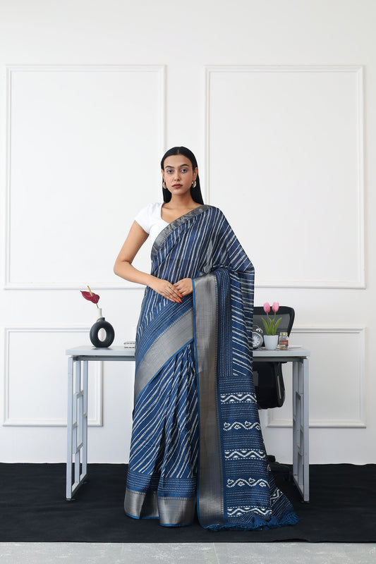 Dhiyona TI Women's Ready To Wear Blue Printed Saree with Unstitched Blouse